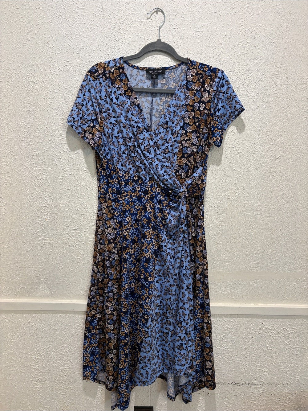 Perceptions Blue and Brown Floral Wrap Midi Dress